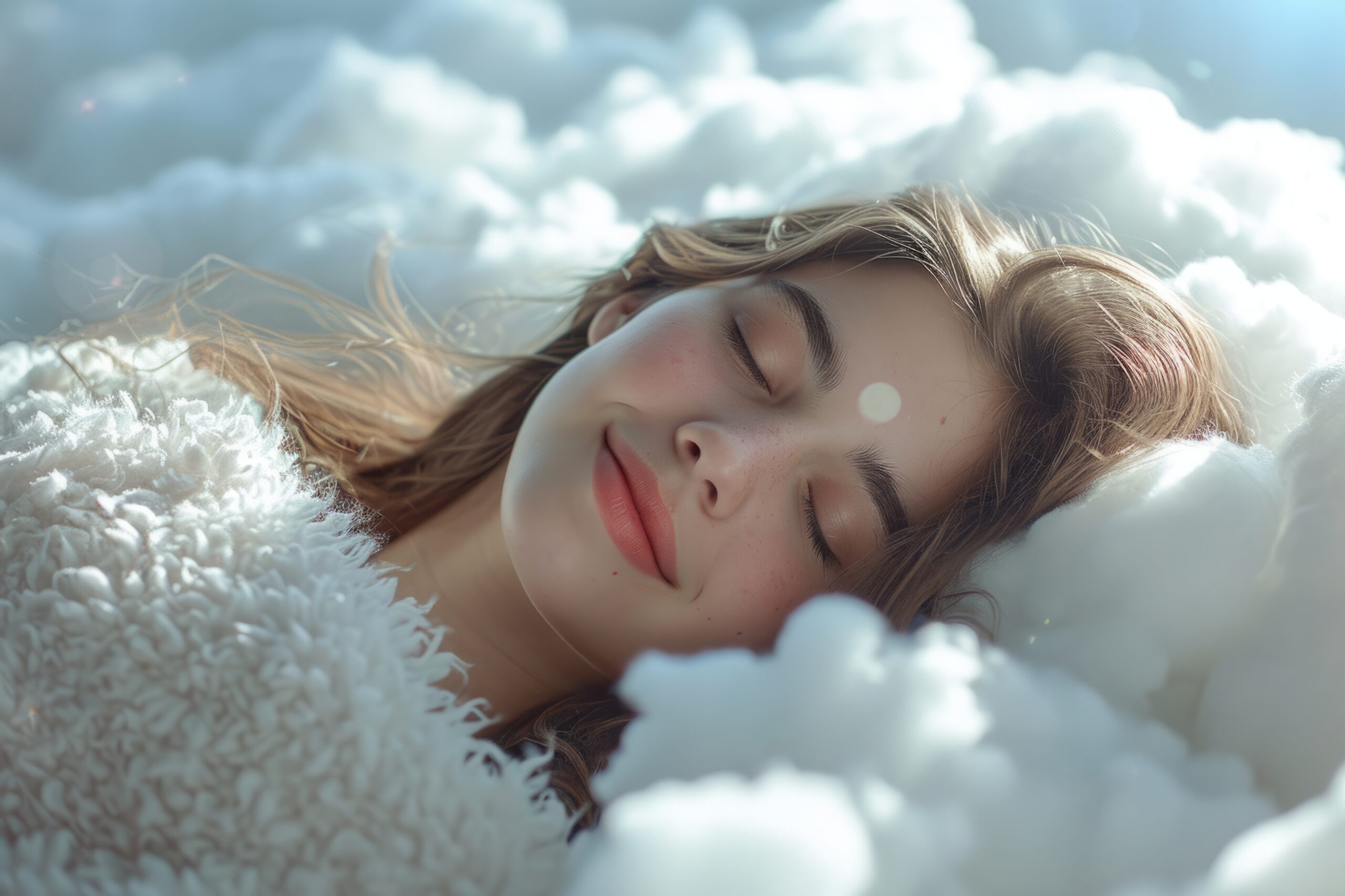 Woman Sleep Among Fluffy White Clouds